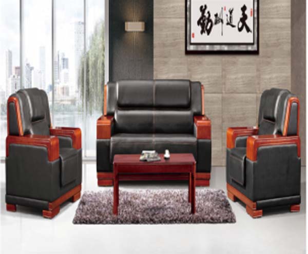 1+2 Configuration Executive Office Reception Sofa Set with Matching Coffee Table, Black Faux Leather with Solid Wood Trim