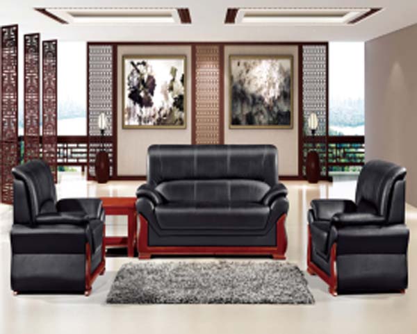 3+1+1 New Chinese Style Black Leather Office Reception Sofa Set with Matching Coffee Table