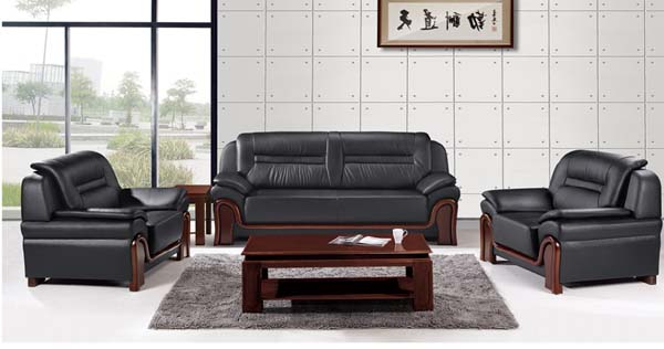 1+1+3 Black Leather Solid Wood Frame Office Reception Seating Set with Matching Coffee Table