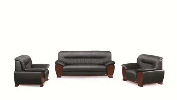 3+1+1 Black Faux Leather Office Reception Sofa Set with Dark Wood Trim