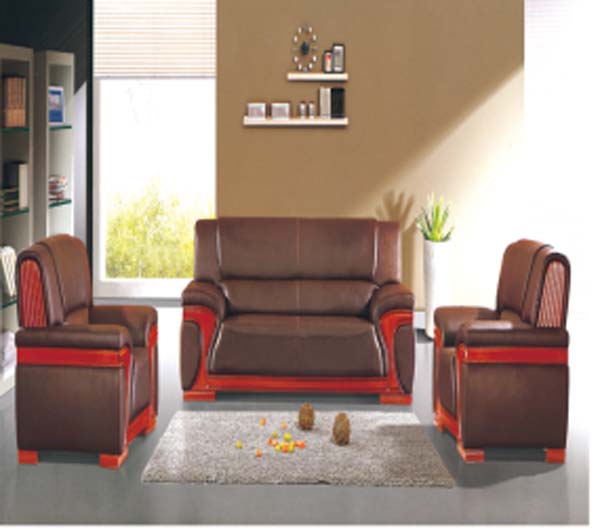 1+1+2 Configuration Brown Faux Leather Executive Office Reception Sofa Set with Red Wood Trim