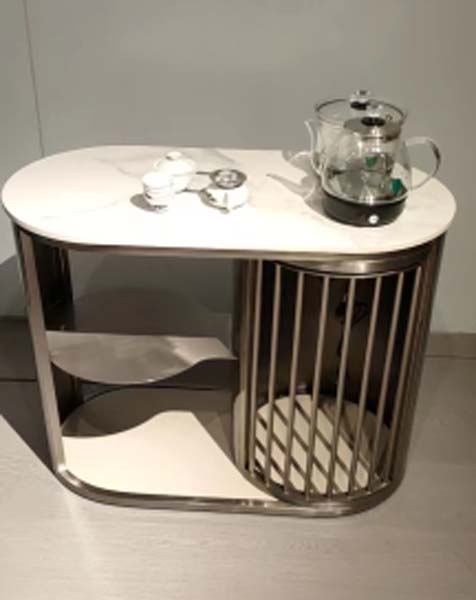 Racetrack Sintered Stone Top Mobile Tea Cart Side Table with Split Storage