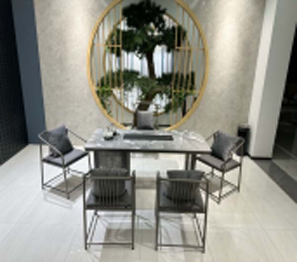 Rectangular Marble-Effect Dining Table with Integrated Central Tea Tray and 5 Grey Cushioned Metal Frame Chairs