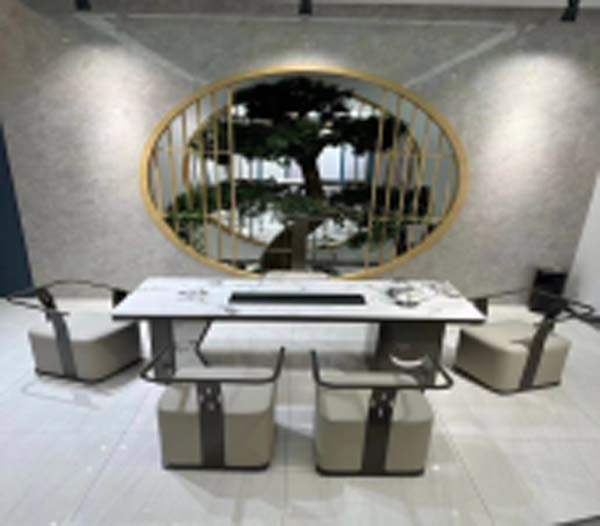 Light Luxury Sintered Stone Kungfu Tea Table Set with 4 Upholstered Metal-Arm Stools