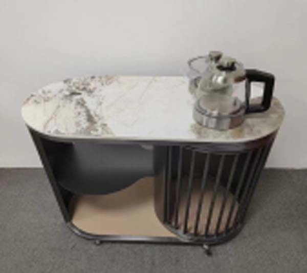 Oval Marble-Effect Top Rolling Coffee Table with Black Slatted Metal Cage Base
