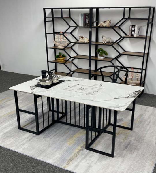 Modern Sintered Stone Rectangular Tea Table and Geometric Open Metal Bookshelf Set