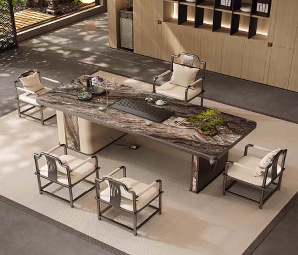 New Chinese Style Dual Pedestal Stone Top Integrated Tea Ceremony Table with 6 Armchairs Set