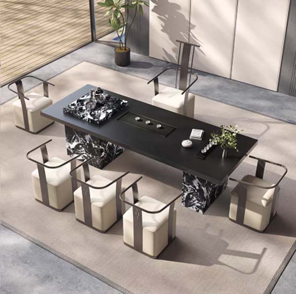 Contemporary Rectangular Gongfu Tea Table with Dual Patterned Marble Pedestals