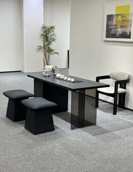 Modern Narrow Matte Black Tea Table with Smoked Glass Support Leg