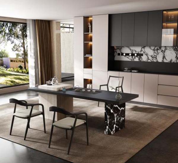 Modern Rectangular Stone Dining Table with Upholstered Dining Chairs Set