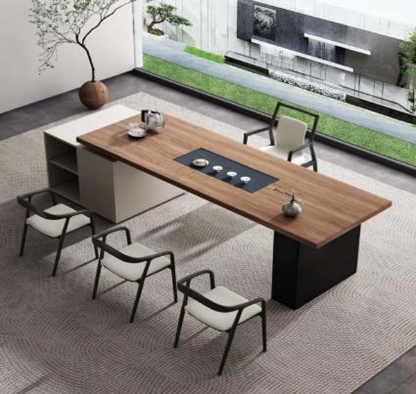 New Chinese Style Two-Tone Solid Wood Tea Dining Meeting Table with Integrated End Open Storage