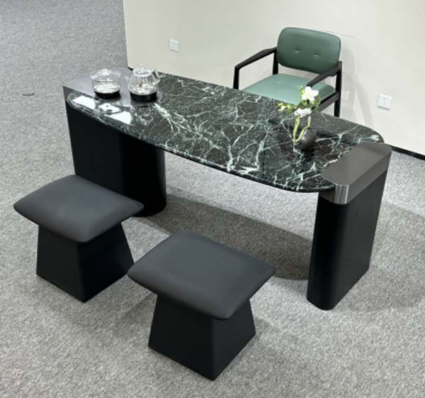 Dark Green Veined Marble Double Pedestal Tea Ceremony Table