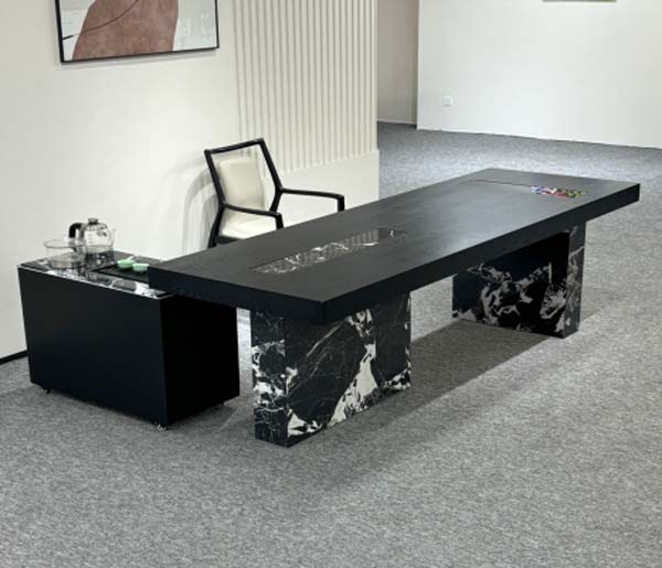 Modern Kung Fu Tea Table with Wheeled Service Caddy and Integrated Drain Channel