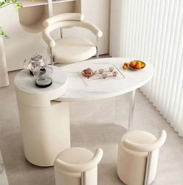 Cream Style Oval Integrated Tea Table with Acrylic Legs and Cylindrical Storage Pedestal