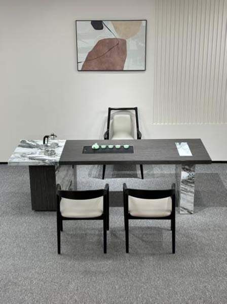 Dark Wood Veneer and Marble Integrated Multi-Seat Tea Desk with Embedded Tea Tray and Side Water Station