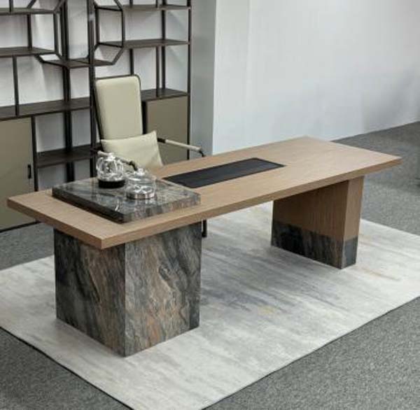 Light Wood Grain Dual Block Pedestal Executive Desk with Marble Inlay and Cable Management