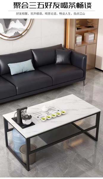 Integrated Tea Service Coffee Table with Stone Top and Metal Frame