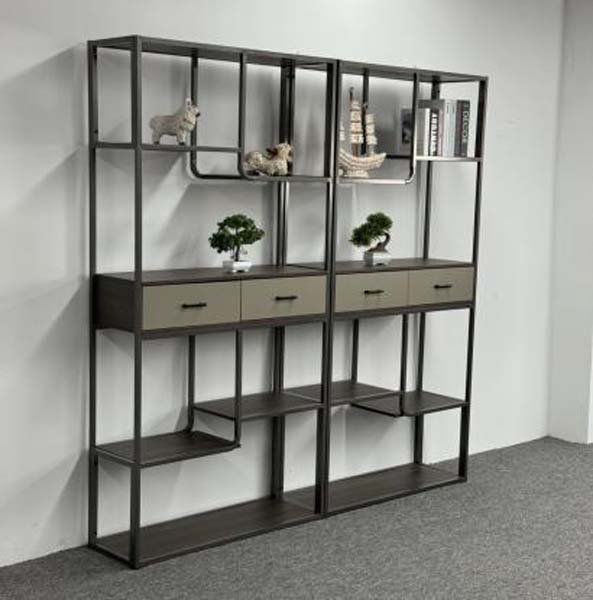 Industrial Asymmetric Open Display Etagere with Mid-Height 4-Drawer Bank