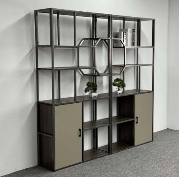 Industrial Dark Metal Open Grid Display Cabinet with Lower Closed Doors