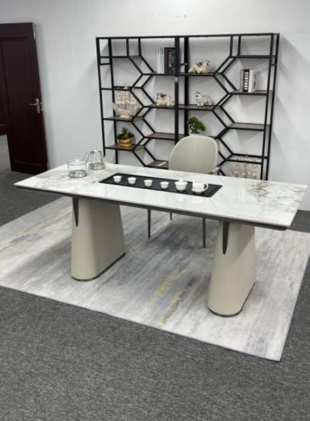 Modern Light Luxury Rectangular Sintered Stone Dining Table with Dual Beige Trapezoidal Pedestal Bases