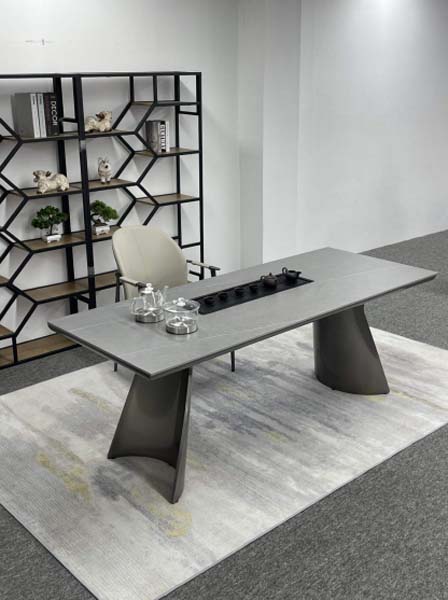 Modern Rectangular Tea Table with Dual Sculptural Pedestal Bases