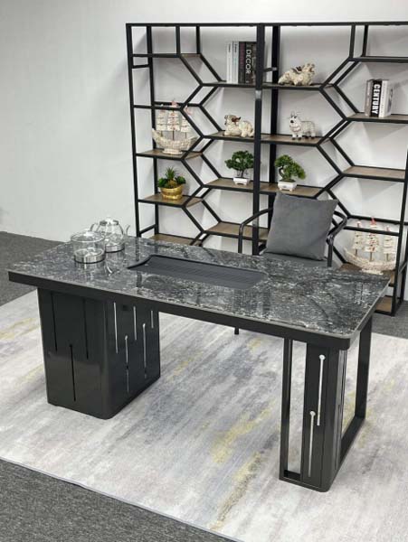 Modern Dark Sintered Stone Gongfu Tea Table with Integrated Drain Tray and Asymmetric Storage Pedestals
