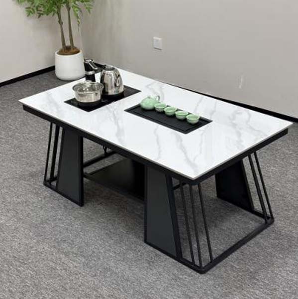 Modern Integrated Gongfu Tea Table with Sintered Stone Top and Black Metal Frame
