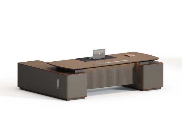 Two-Tone Brown-Grey L-Shaped Executive Desk with Fluted Modesty Panel