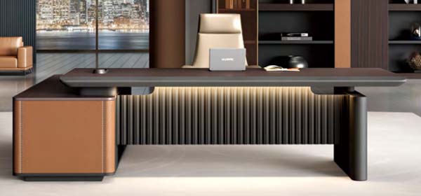 Modern Luxury L-Shaped Executive Office Desk with Integrated LED Lighting and Left Return Storage