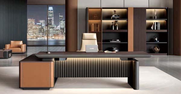 L-Shaped Luxury Executive Office Desk with Leather-Clad Storage Return and Integrated Apron Lighting