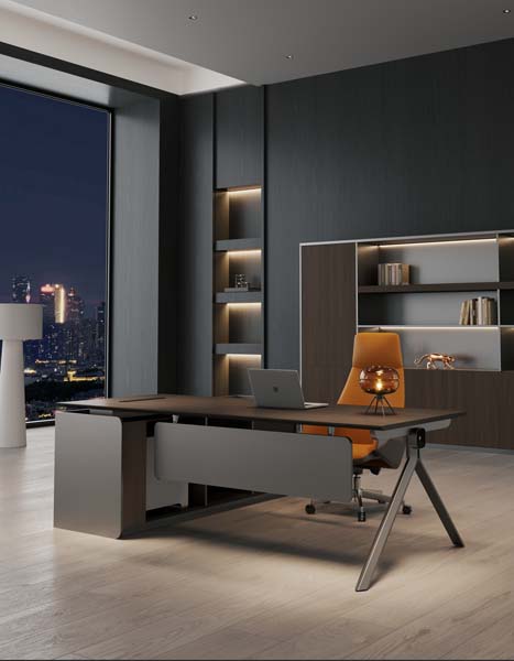 Modern L-Shaped Executive Desk with Left Storage Pedestal and Metal Angled Legs