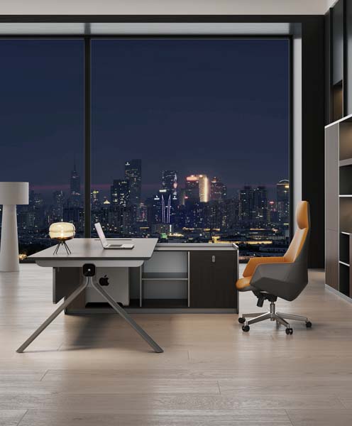 L-Shaped Matte Grey Executive Office Desk with Angled Metal Legs and Side Return Storage