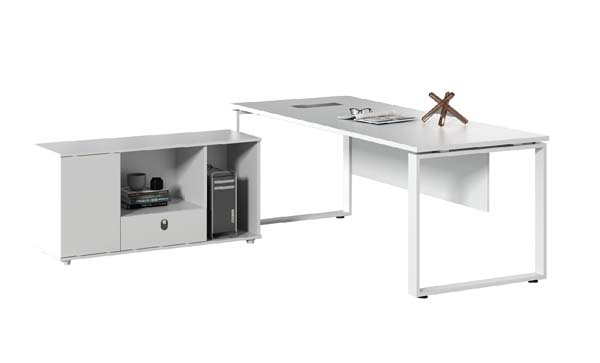 Light Gray L-Shaped Executive Desk with Attached Storage Return