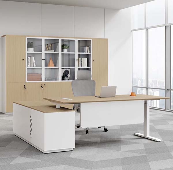 Two-Tone Light Oak White L-Shaped Fixed-Height Executive Desk with Left Storage Return