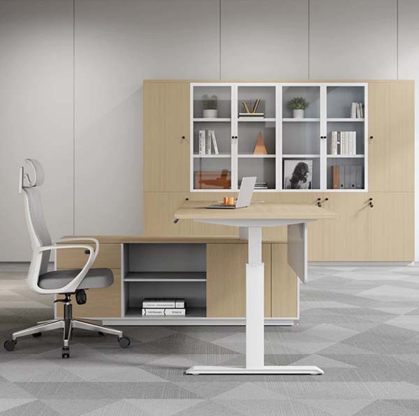 Light Oak White Electric Height-Adjustable L-Shaped Executive Desk with Attached Storage Credenza