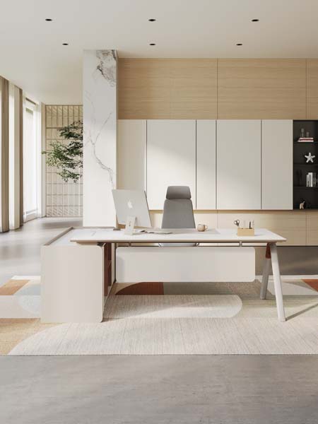 Modern White L-Shaped Executive Office Desk with Central Drawer and Side Return