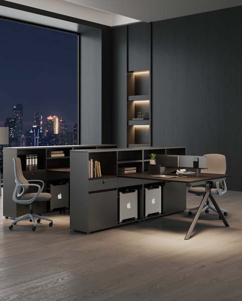Two-Person Linear Office Workstation Desk with Integrated Storage and Divider Shelving