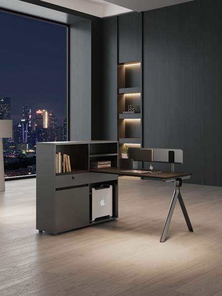 L-Shaped Executive Desk with Integrated Left Storage Return and Metal Trestle Leg