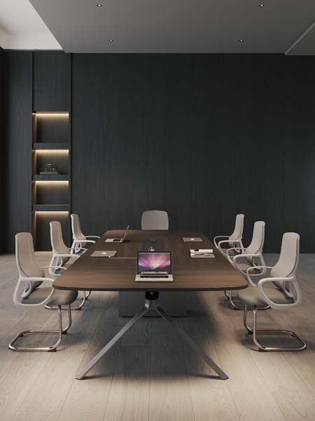 8-Person Dark Walnut Veneer Conference Table with Central X-Shape Metal Base