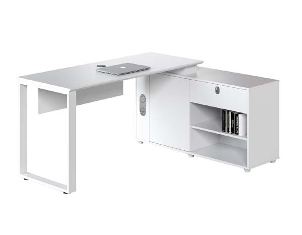 Matte White L-Shaped Executive Office Desk with Integrated Lockable Storage