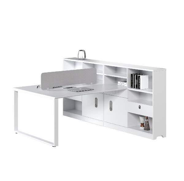 White L-Shaped Executive Office Desk with Integrated Rear Storage Credenza and Desk Privacy Divider
