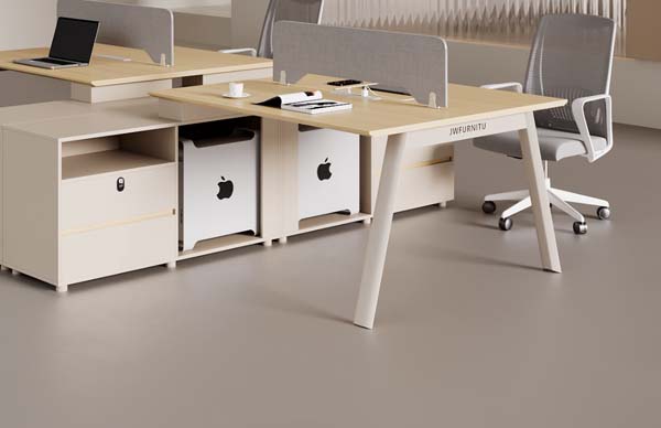 2-Person Light Wood Bench Office Workstation with Privacy Divider and Under-Desk Storage