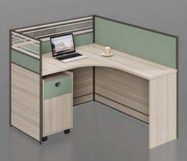 Single-Seat Curved-Corner L-Shaped Cubicle Workstation Desk with Mobile Lockable Pedestal
