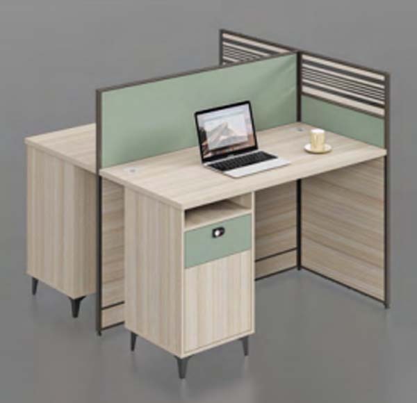 2-Person L-Shaped Office Cubicle Workstation Desk with Sage Green Privacy Dividers and Integrated Storage