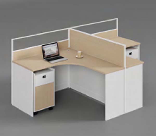 2-Person Curved Corner Modular Office Cubicle Workstation with Privacy Partitions and Mobile Lockable Storage Pedestal