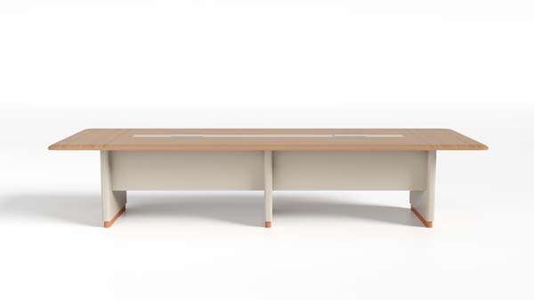 Light Wood Off-White Rectangular Conference Meeting Table with Dual Center Cable Cutouts