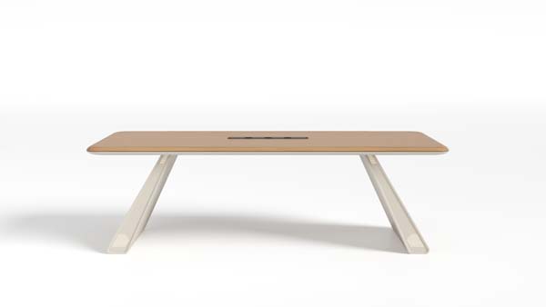 Light Wood Rectangular Meeting Table with Splayed Metal Trestle Legs and Center Cable Slot