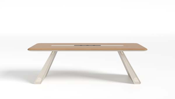 Light Wood Rectangular Conference Table with Central Cable Trough and Angled Splayed Legs