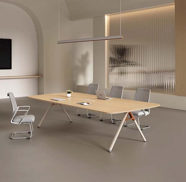 Light Wood Rectangular Conference Meeting Table with Splayed A-Frame Metal Legs
