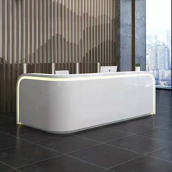 Curved White High-Gloss Commercial Reception Desk with Integrated LED Accent Lighting